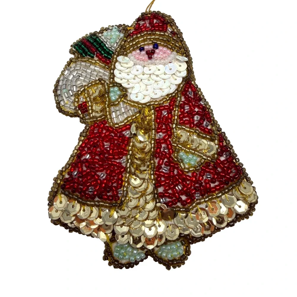 Vintage Handmade Beaded Sequin Santa Claus Christmas Tree Ornament 4